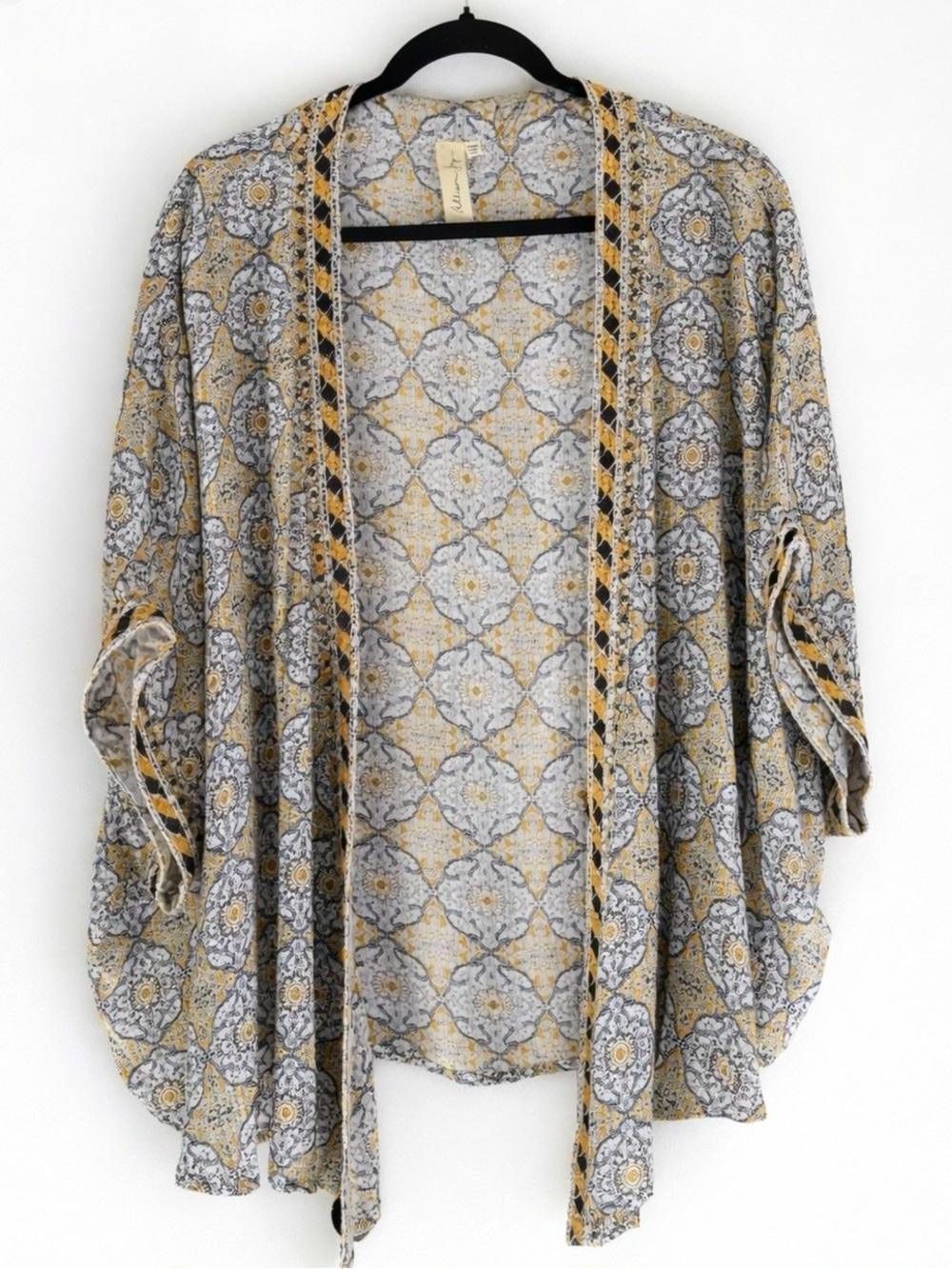 Allison Joy Mustard & Navy Embroidered Edged Made in India Kimono Cardigan